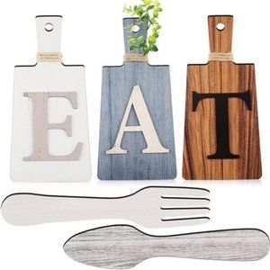 Cutting Board Eat Sign Set Hanging Art Fork & Spoon Wall Decor Rustic Primitive